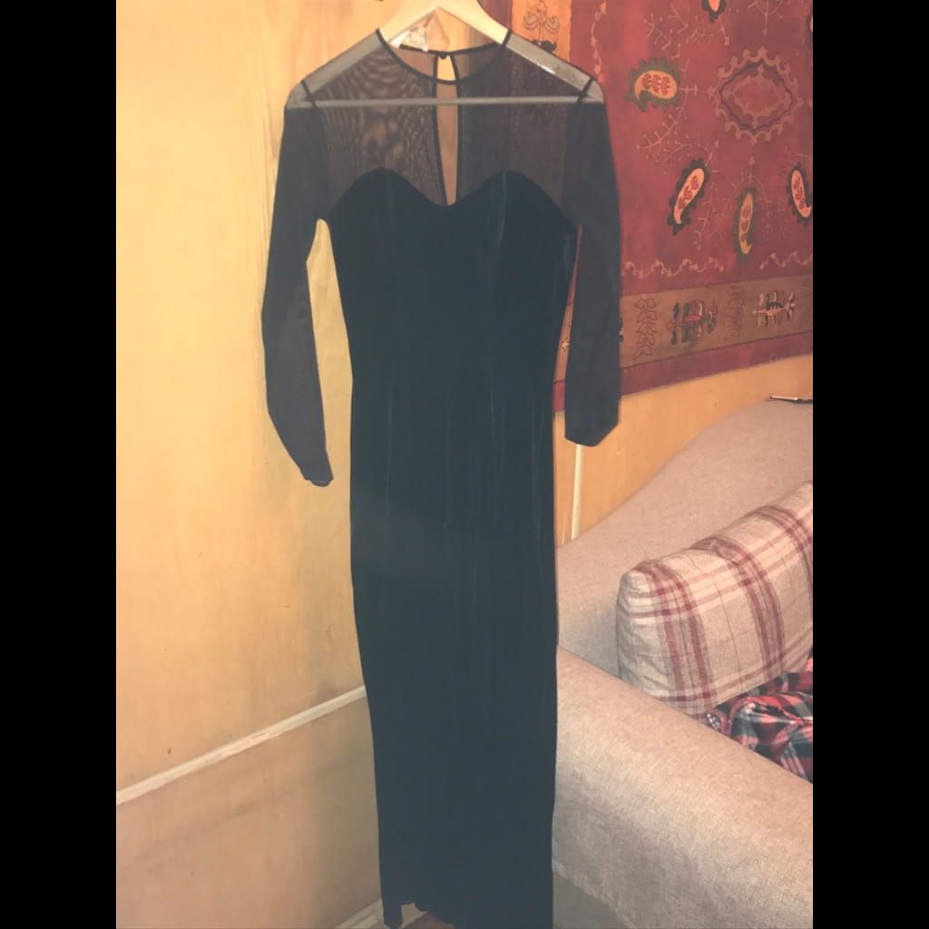 Black velvet soirée dress with transparent sleeves