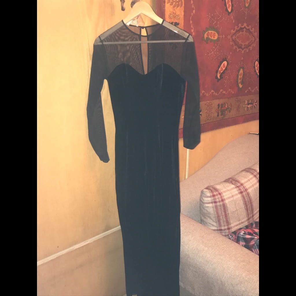 Black velvet soirée dress with transparent sleeves