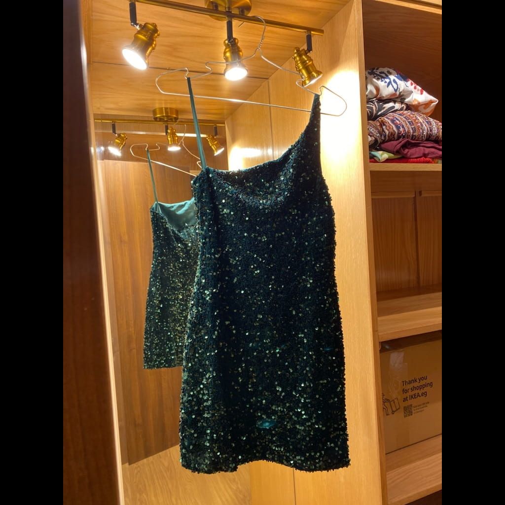 Francesca’s dark green sequin off shoulder dress