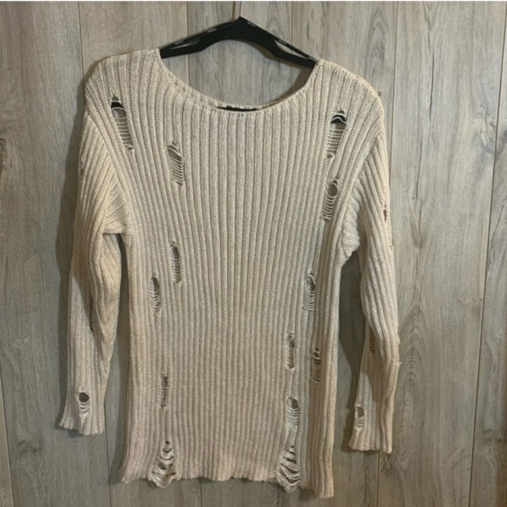 Forever 21 Long Ripped Sweater Cream
