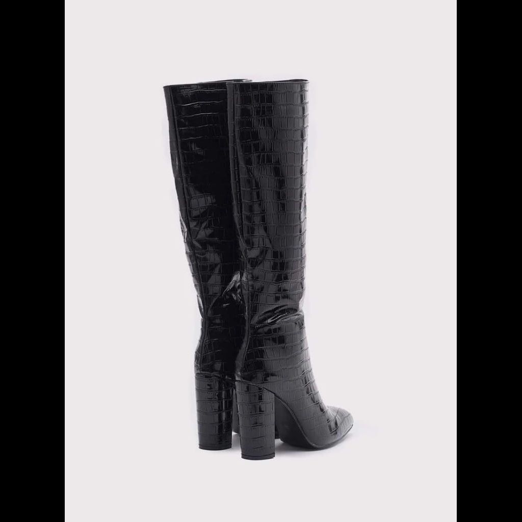 Black Faux Croc Knee-length Boots
